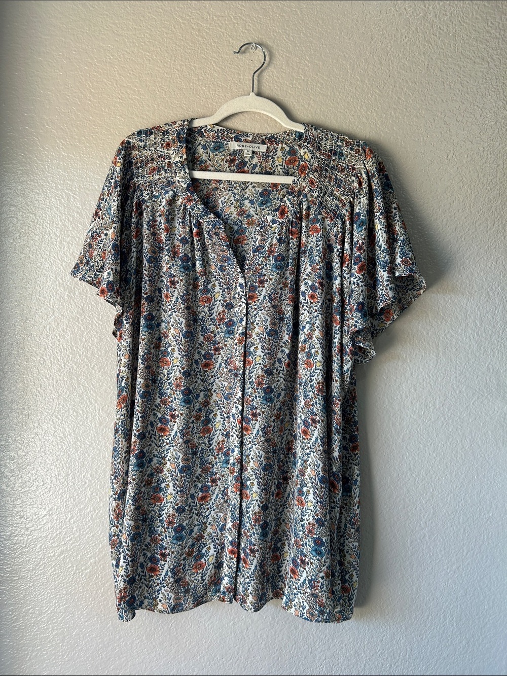 Rose & Olive Cream Blouse Blue, Rust & Yellow Floral Print Sz 3X Summer TC0375